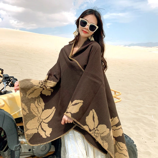 Fashion Imitation Cashmere Women Scarf Winter Boho Hooded Poncho Female Thick Wrap Blanket