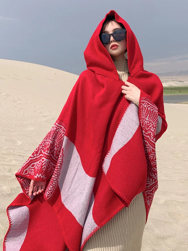 Fashion Imitation Cashmere Women Scarf Winter Boho Hooded Poncho Female Thick Wrap Blanket