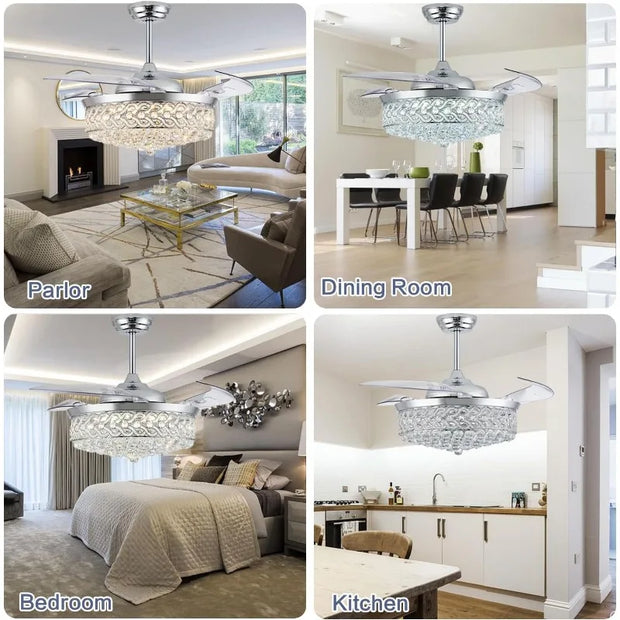 Dimmable Chandelier Ceiling Fan, Fandelier, Modern Crystal Retractable Invisible Blade LED Lighting