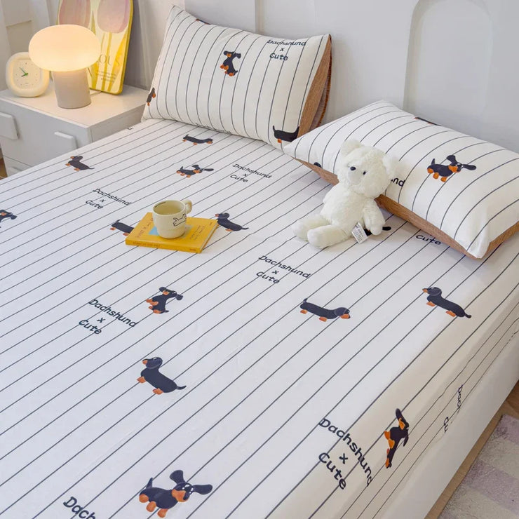 Funny Dachshund Fitted Sheet Set Art Lines Printed Household Anti Slip Mattress Cover Cotton Soft Bedding 3Pcs with Pillowcases