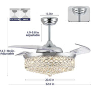 Dimmable Chandelier Ceiling Fan, Fandelier, Modern Crystal Retractable Invisible Blade LED Lighting