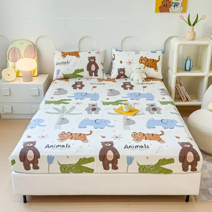 Funny Dachshund Fitted Sheet Set Art Lines Printed Household Anti Slip Mattress Cover Cotton Soft Bedding 3Pcs with Pillowcases