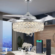 Dimmable Chandelier Ceiling Fan, Fandelier, Modern Crystal Retractable Invisible Blade LED Lighting