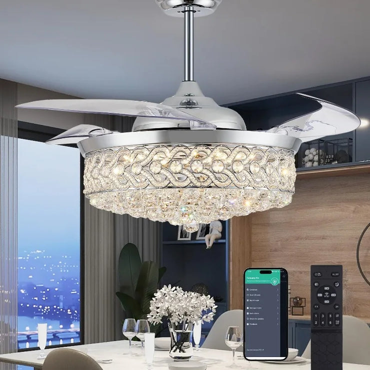 Dimmable Chandelier Ceiling Fan, Fandelier, Modern Crystal Retractable Invisible Blade LED Lighting