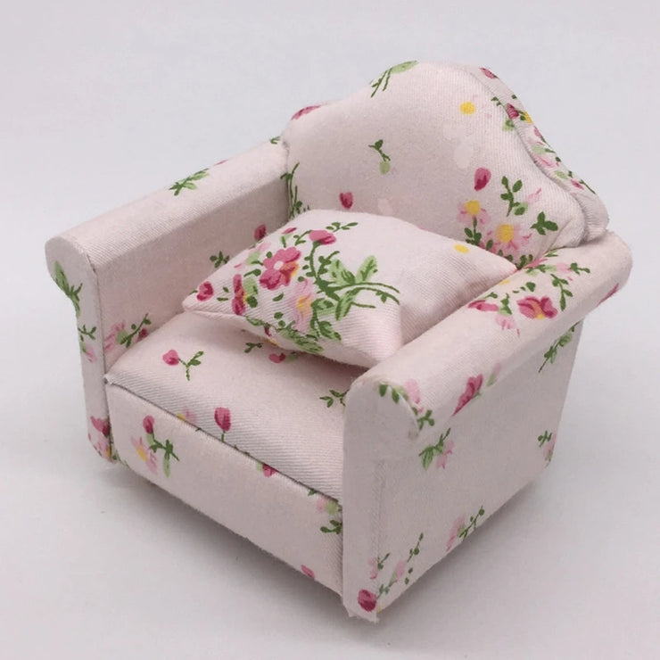 Mini Sofa Armchair Wooden Couch Toy Floral Sofa Throw Pillow House Furniture