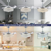 Dimmable Chandelier Ceiling Fan, Fandelier, Modern Crystal Retractable Invisible Blade LED Lighting