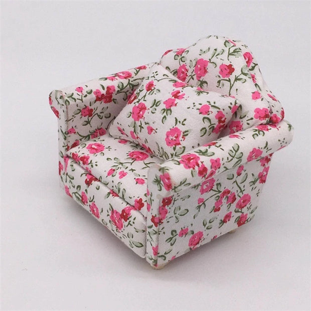 Mini Sofa Armchair Wooden Couch Toy Floral Sofa Throw Pillow House Furniture