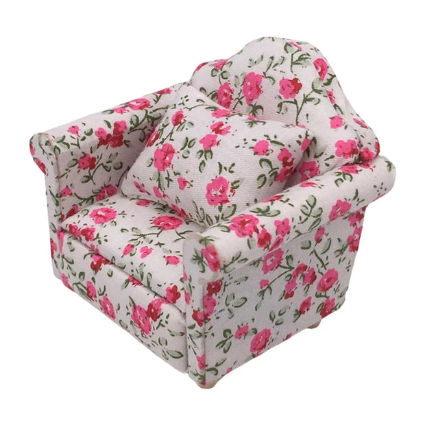 Mini Sofa Armchair Wooden Couch Toy Floral Sofa Throw Pillow House Furniture