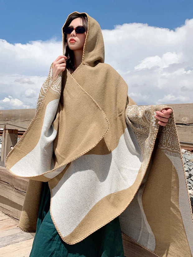 Fashion Imitation Cashmere Women Scarf Winter Boho Hooded Poncho Female Thick Wrap Blanket