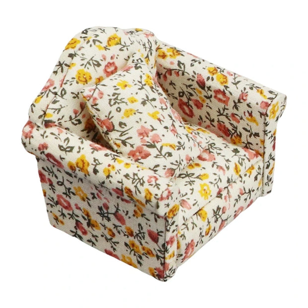 Mini Sofa Armchair Wooden Couch Toy Floral Sofa Throw Pillow House Furniture