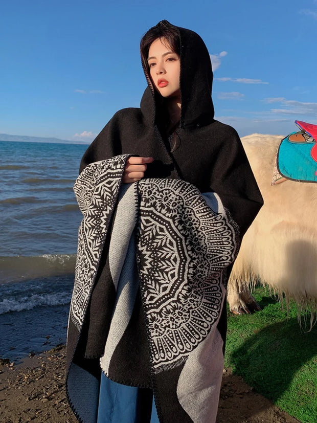 Fashion Imitation Cashmere Women Scarf Winter Boho Hooded Poncho Female Thick Wrap Blanket