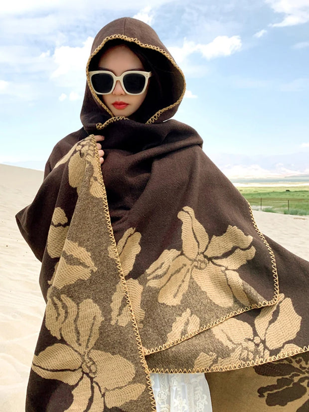 Fashion Imitation Cashmere Women Scarf Winter Boho Hooded Poncho Female Thick Wrap Blanket